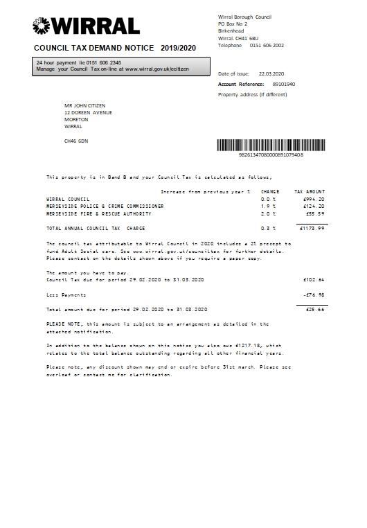 United Kingdom Wirral council tax bill template in Word and PDF format